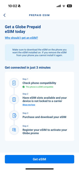 フィリピン通信会社GlobeのアプリのeSIM購入画面
