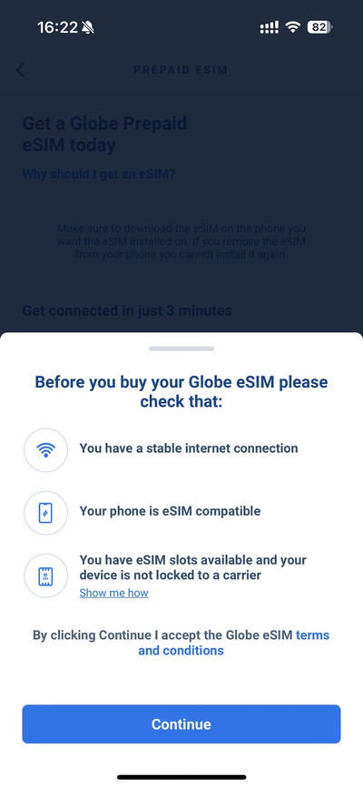 フィリピン通信会社GlobeのアプリのeSIM購入画面